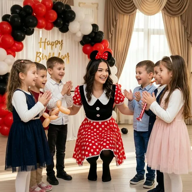 Animatoare în rochie Minnie roșie cu buline și urechi/fundă pe cap.