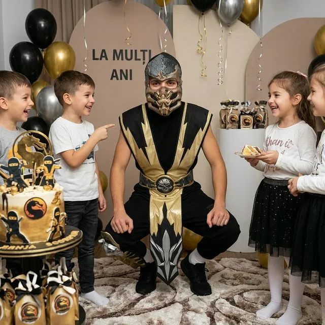 Animator în costum negru/auriu cu mască strânsă pe partea de jos a feței, tip Scorpion.