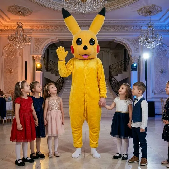 Mascotă Pikachu galbenă cu cap mare și urechi negre la vârf, lângă copii.