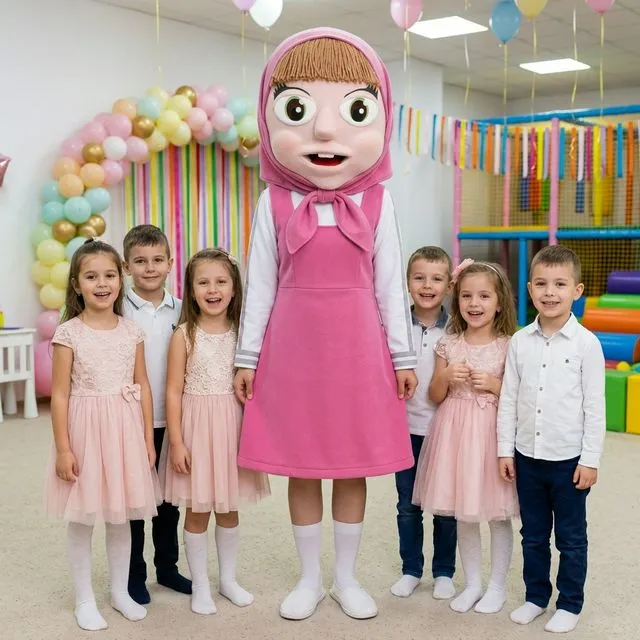 Mascotă Masha cu cap mare și rochie/batic roz, alături de copii.