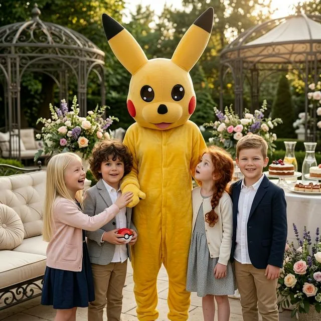 Mascotă Pikachu cu cap mare, în grădină alături de copii.