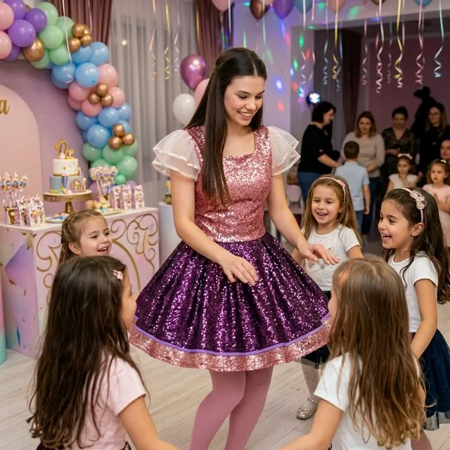 Animatoare în rochie scurtă roz/mov strălucitoare și dres negru, lângă copii.