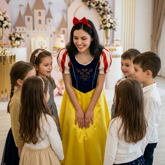 Animatoare în rochie galbenă/albastră cu fundă roșie, tip Albă-ca-Zăpada, lângă copii.