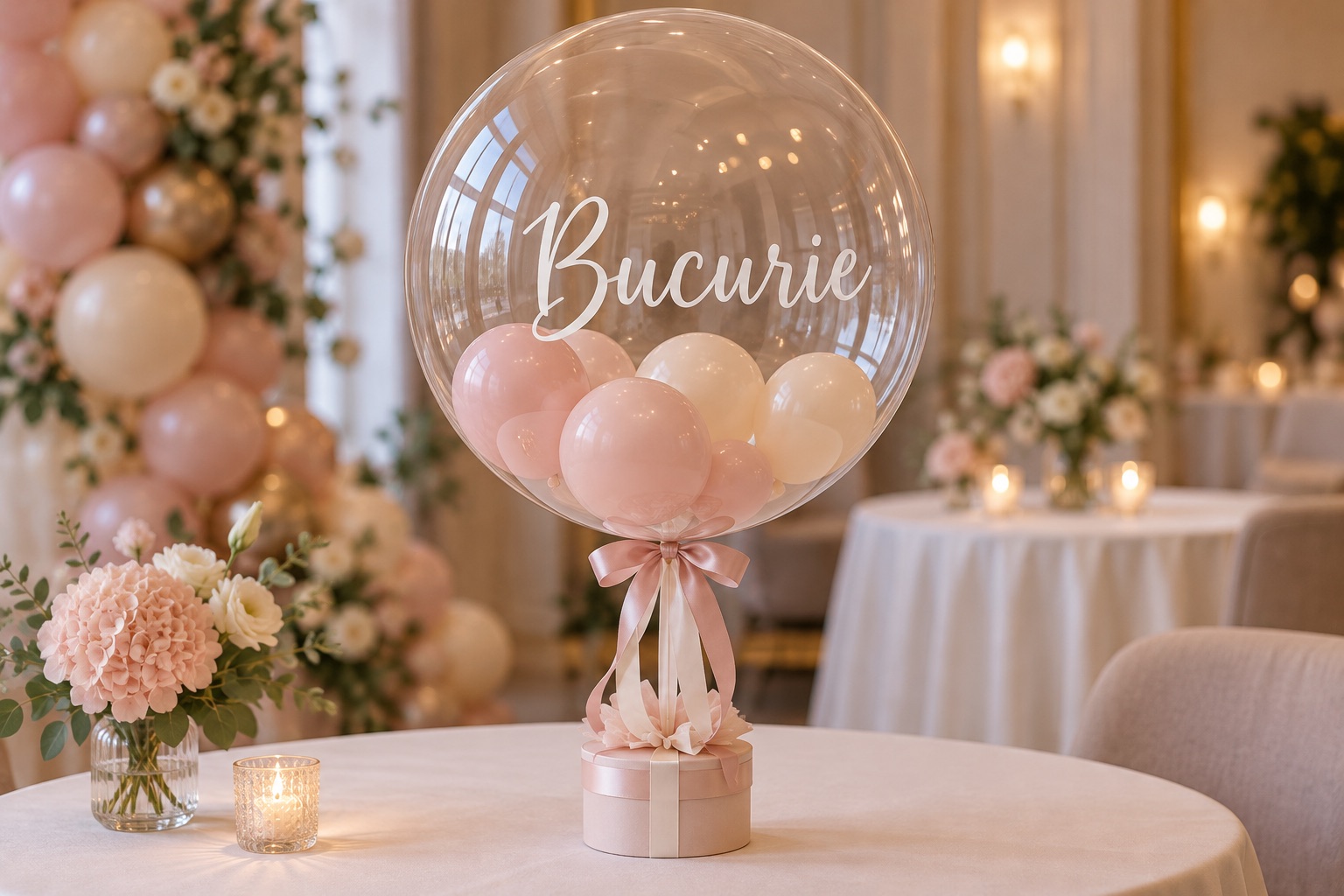 Ilustrație: balon transparent cu inscripția albă Bucurie și baloane mici în interior.