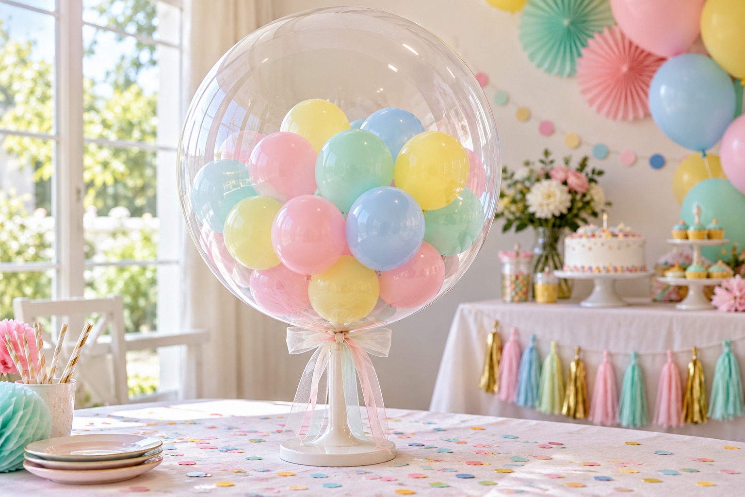 Ilustrație: balon mare transparent care conține baloane mici multicolore, înaintea momentului de surpriză.