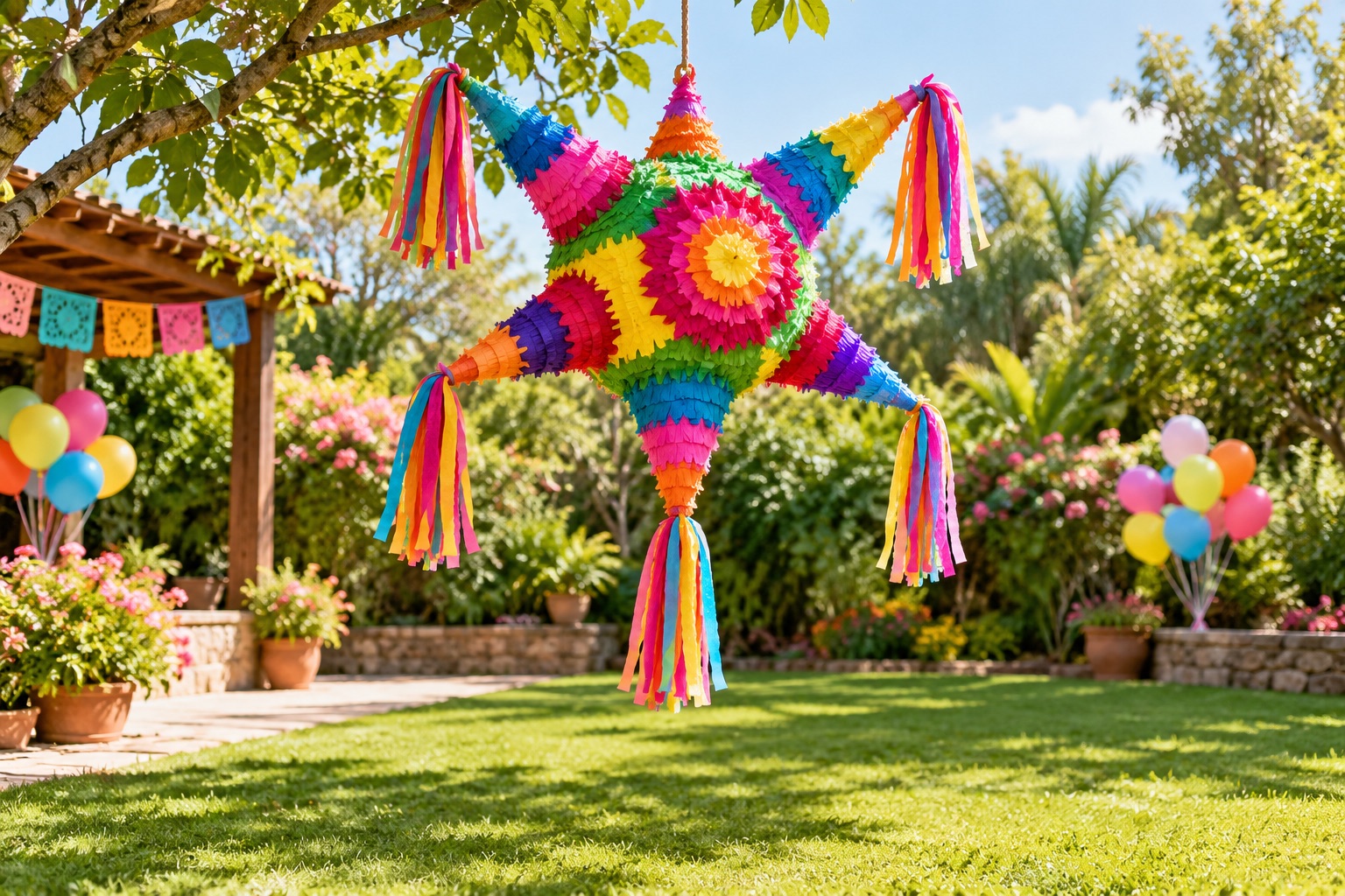 Ilustrație: piñata multicoloră din hârtie în formă de stea, suspendată într-o grădină.