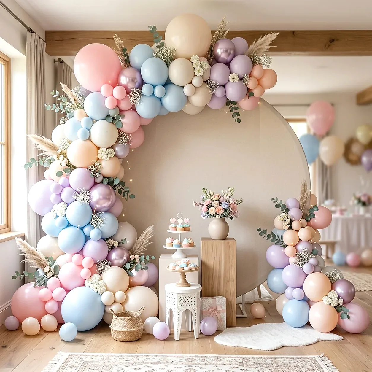 Panou foto rotund bej cu ghirlandă pastel și mese decorative în interior.