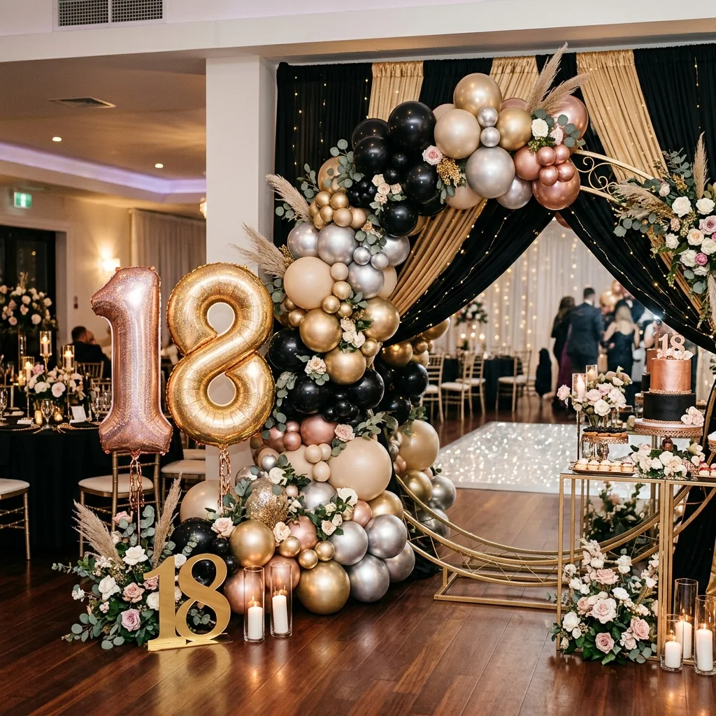 Decor de majorat cu cifre 18, baloane negre, aurii și rose-gold și flori.